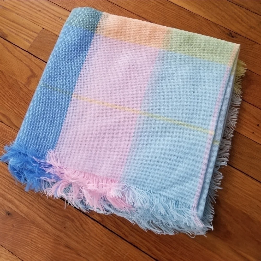 Vintage Ombre Stripe Acrylic Fringe Baby Blanket Pastel Pink Blue NOS Soft Girl
